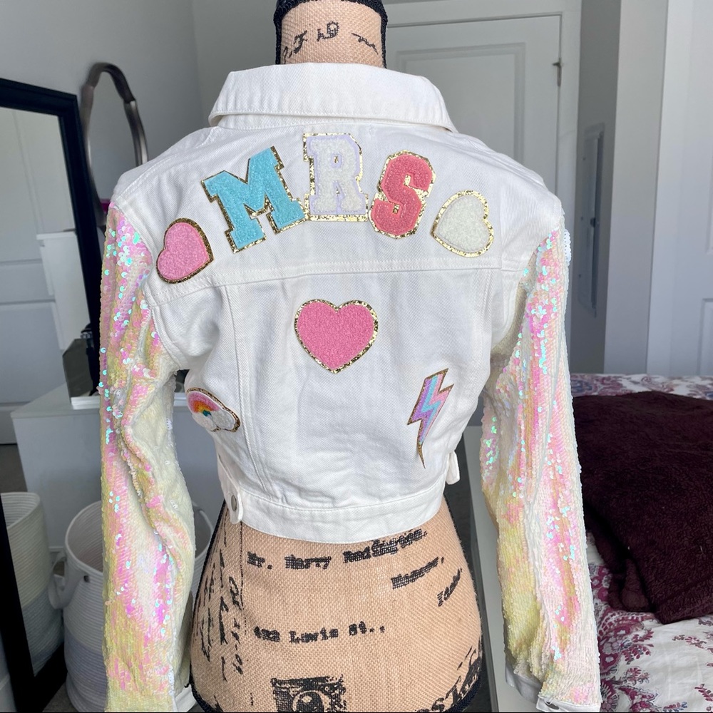 Wild Honey White Sequin Sleeve Jean Jacket with Pastel Patches